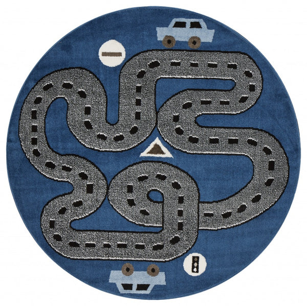 Homeroots 5' Round Navy Imaginative Racetrack Area Rug  Olefin 396318