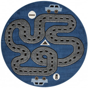 Homeroots 5' Round Navy Imaginative Racetrack Area Rug  Olefin 396318
