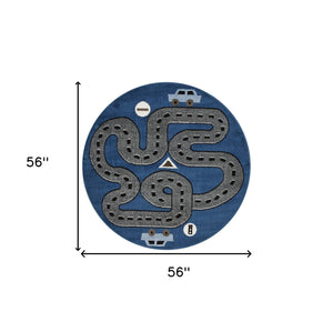 Homeroots 5' Round Navy Imaginative Racetrack Area Rug  Olefin 396318