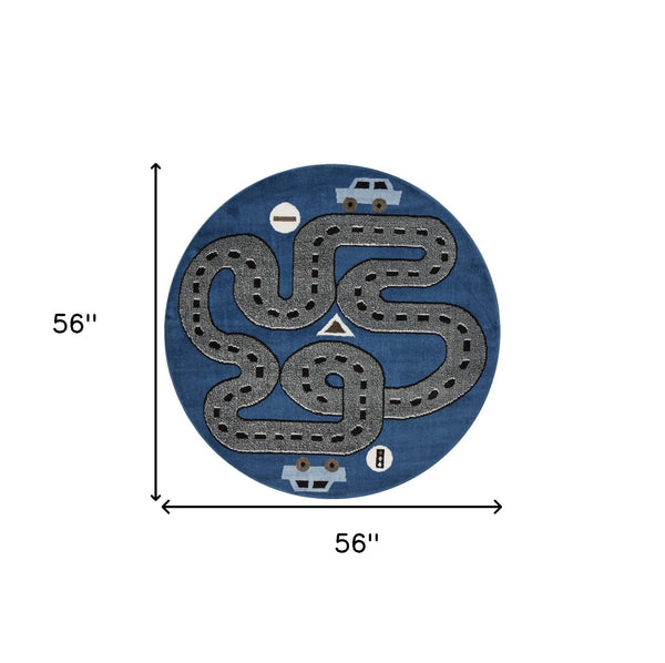 Homeroots 5' Round Navy Imaginative Racetrack Area Rug  Olefin 396318