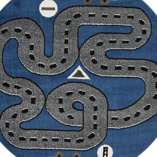 Homeroots 5' Round Navy Imaginative Racetrack Area Rug  Olefin 396318