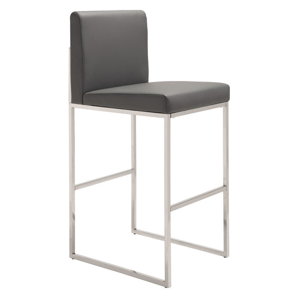 Homeroots 31" Gray And Silver Faux Leather And Steel Low Back Bar Height Bar Chair   396335