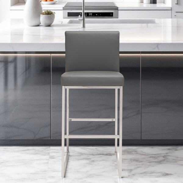 Homeroots 31" Gray And Silver Faux Leather And Steel Low Back Bar Height Bar Chair   396335