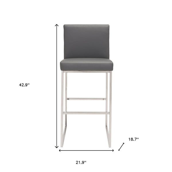 Homeroots 31" Gray And Silver Faux Leather And Steel Low Back Bar Height Bar Chair   396335