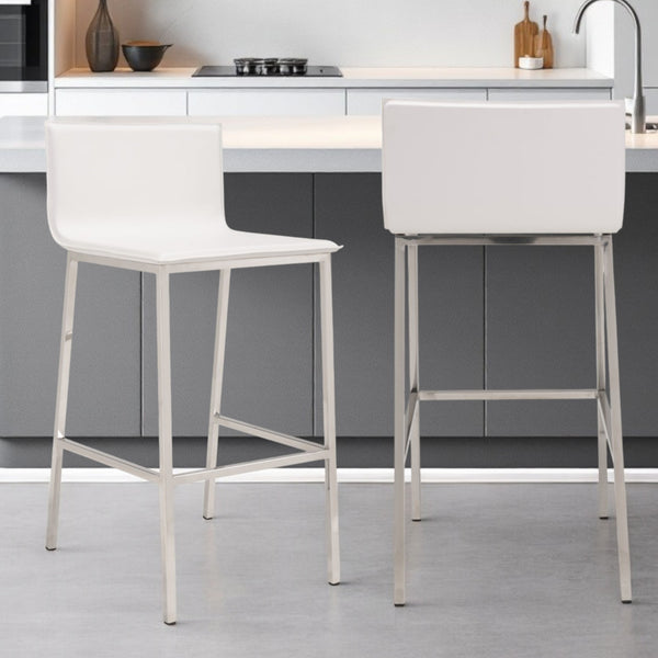 Homeroots Set Of Two 30" White And Silver Steel Low Back Bar Height Bar Chairs   396337