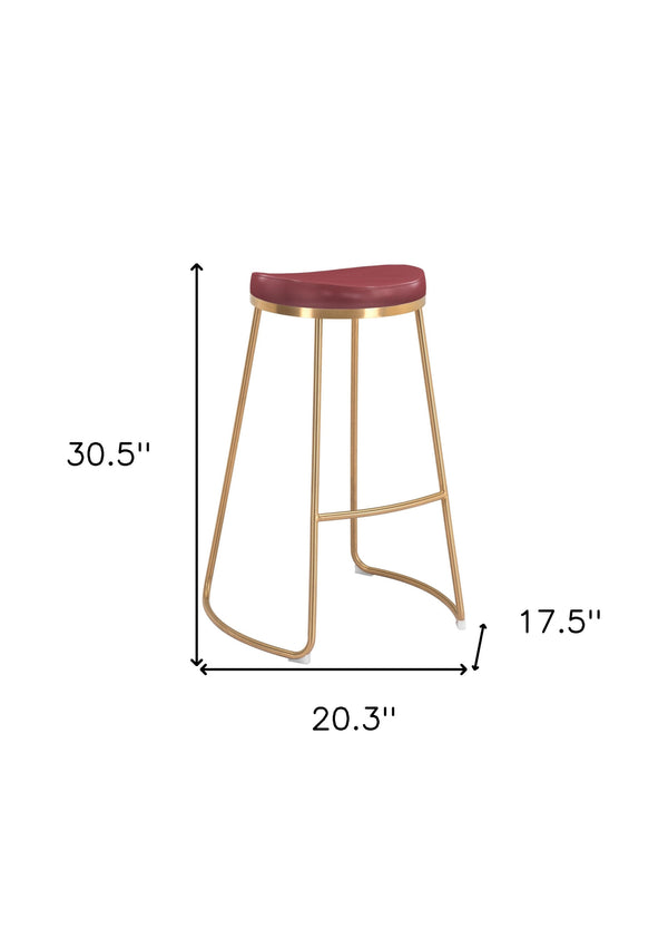 Homeroots Set Of Two 31" Burgundy And Gold Steel Backless Bar Height Bar Chairs   396340