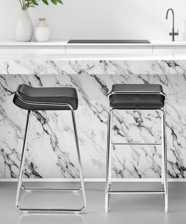 Homeroots Set Of Two 32" Black And Silver Faux Leather And Steel Backless Bar Height Bar Chairs   396350