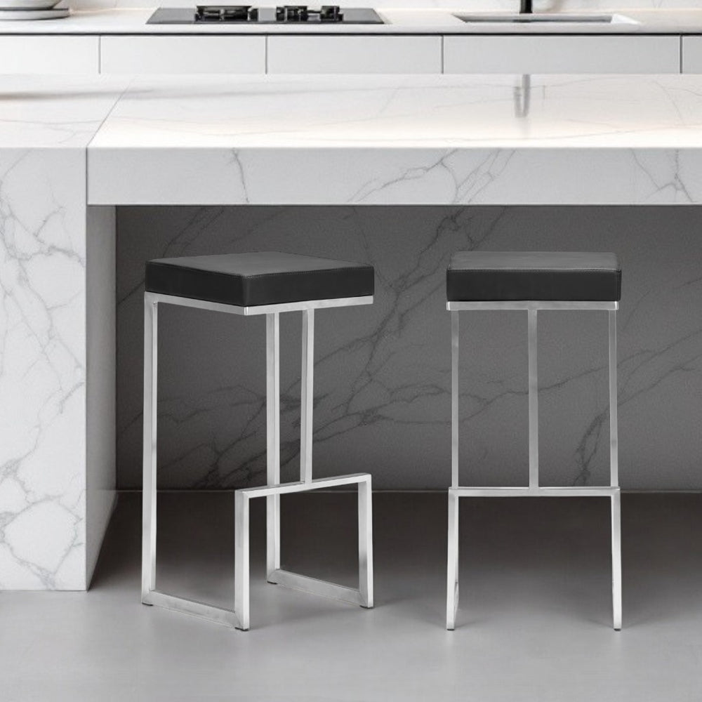 Homeroots Set Of Two 30" Black And Silver Steel Backless Bar Height Bar Chairs   396352