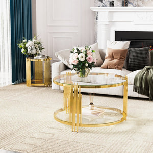English Elm Modern Round Mirrored Glass End Table with Gold Metal Frame and Lower Display Shelf Transparent N735P380092K
