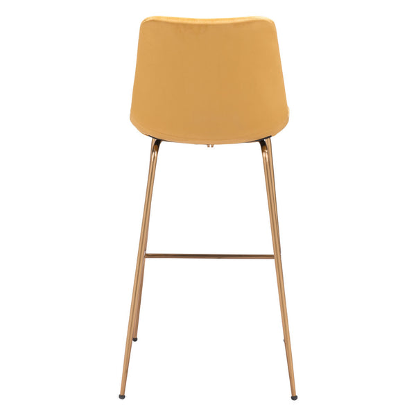 Homeroots 31" Yellow And Gold Velvet And Steel Low Back Bar Height Bar Chair   396387