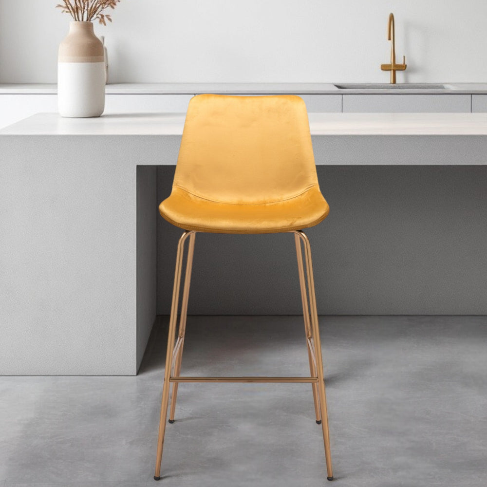 Homeroots 31" Yellow And Gold Velvet And Steel Low Back Bar Height Bar Chair   396387