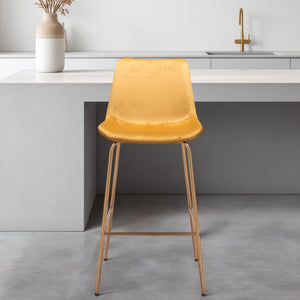 Homeroots 31" Yellow And Gold Velvet And Steel Low Back Bar Height Bar Chair   396387