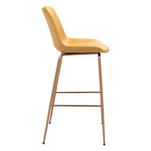 Homeroots 31" Yellow And Gold Velvet And Steel Low Back Bar Height Bar Chair   396387