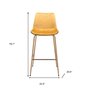 Homeroots 31" Yellow And Gold Velvet And Steel Low Back Bar Height Bar Chair   396387