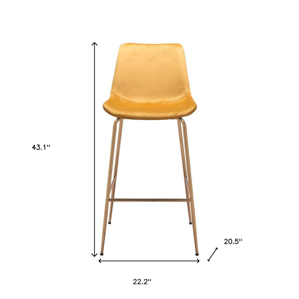 Homeroots 31" Yellow And Gold Velvet And Steel Low Back Bar Height Bar Chair   396387