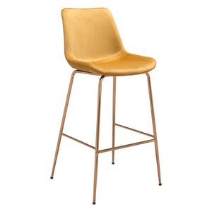 Homeroots 31" Yellow And Gold Velvet And Steel Low Back Bar Height Bar Chair   396387