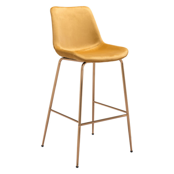 Homeroots 31" Yellow And Gold Velvet And Steel Low Back Bar Height Bar Chair   396387