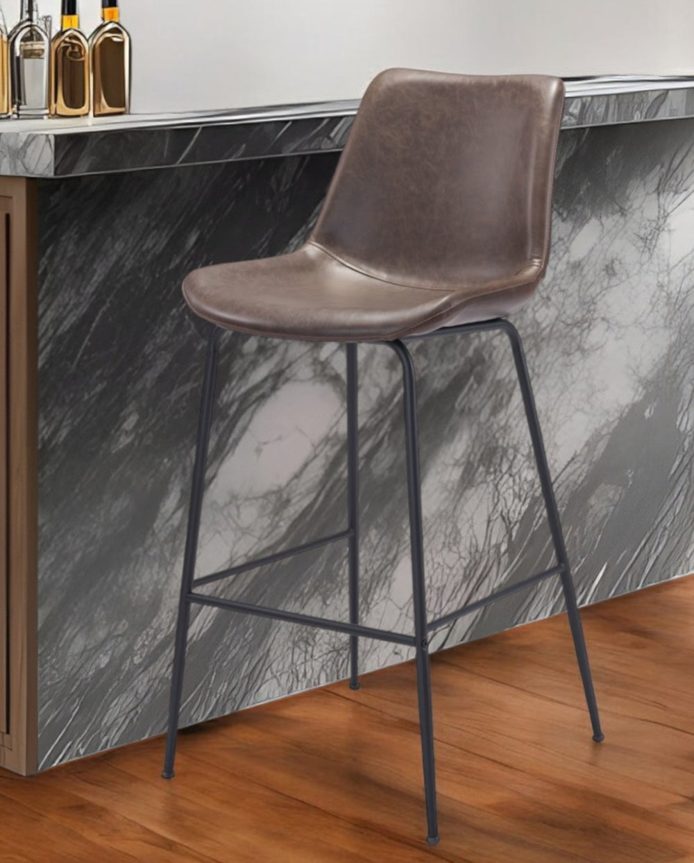 HomeRoots 31" Brown and Black Steel Bar Chair - Stylish Low Back Design with Comfortable Upholstered Seat 396390