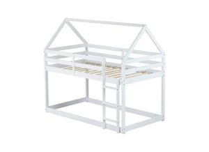 English Elm Twin Rubber Wood Floor Bunk Bed House-Shaped Design with Ladder Guardrails Sturdy Low-Profile Retreat White W504P206864