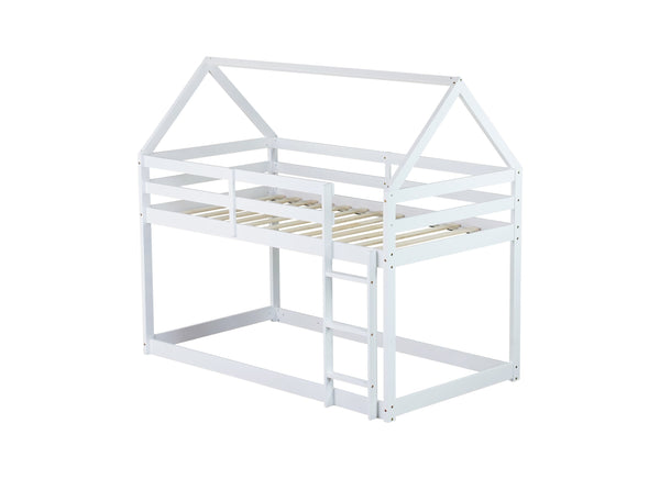 English Elm Twin Rubber Wood Floor Bunk Bed House-Shaped Design with Ladder Guardrails Sturdy Low-Profile Retreat White W504P206864
