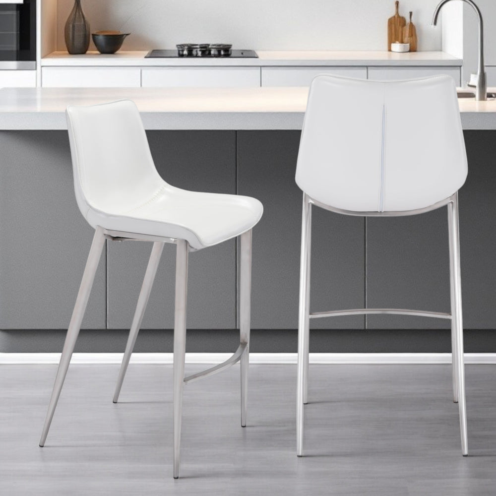 Homeroots Set Of Two 30" White And Silver Steel Low Back Bar Height Bar Chairs   396427