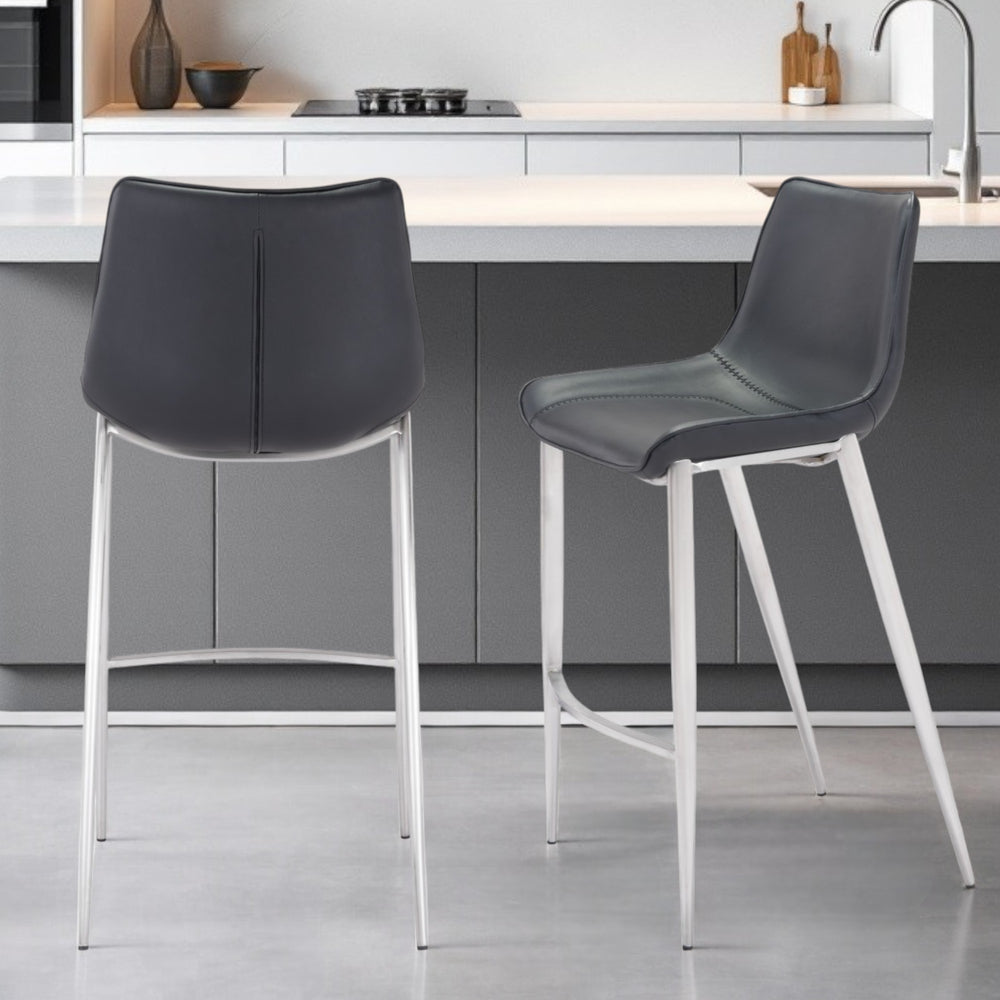 Homeroots Set Of Two 30" Black And Silver Steel Low Back Bar Height Bar Chairs   396428