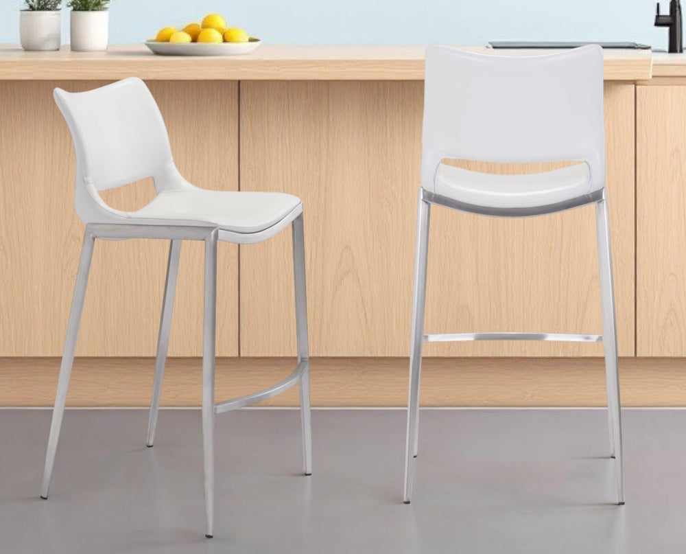 Homeroots Set Of Two 29" White And Silver Steel Low Back Bar Height Bar Chairs   396431