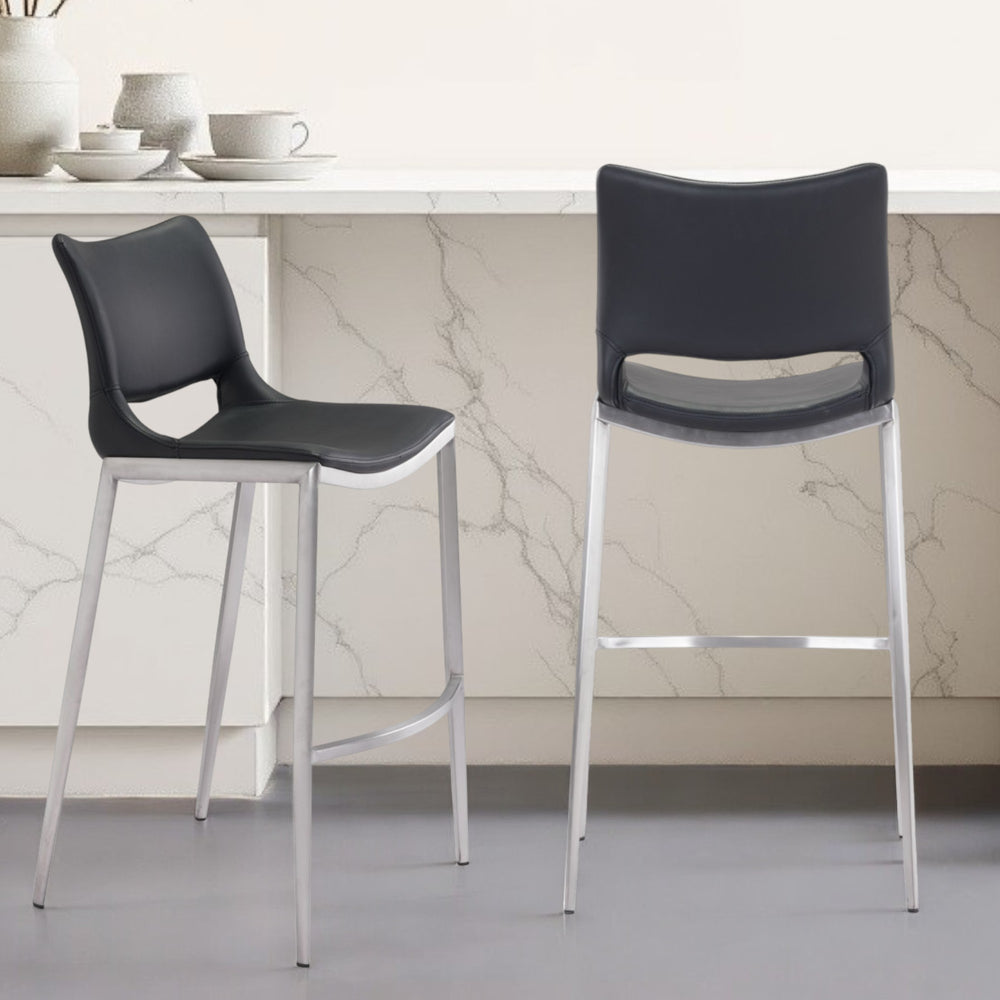 Homeroots Set Of Two 29" Black And Silver Steel Low Back Bar Height Bar Chairs   396432