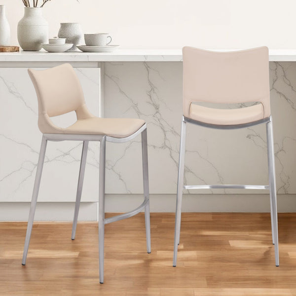 Homeroots Set Of Two 29" Light Pink And Silver Steel Low Back Bar Height Bar Chairs   396433