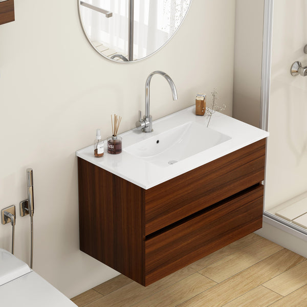 English Elm 32-Inch Wall-Mounted Bathroom Vanity With Soft-Close Drawers, Ceramic Sink, Walnut Finish, Easy Install W3151S00040
