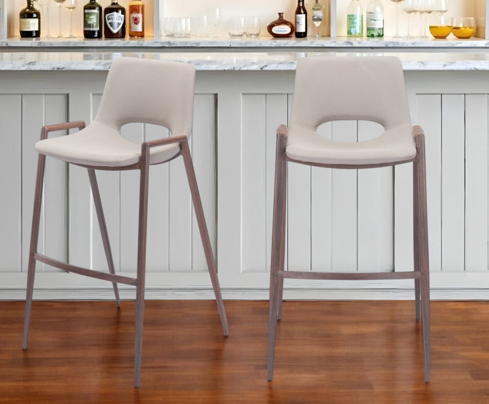 Homeroots Set Of Two 29 " Beige And Brown Steel Low Back Bar Height Bar Chairs   396440
