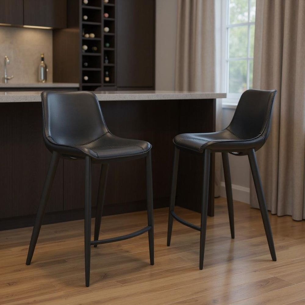 HomeRoots Set of Two Stylish 30" Black Faux Leather Bar Chairs with Steel Frame for Modern Home Decor 396442