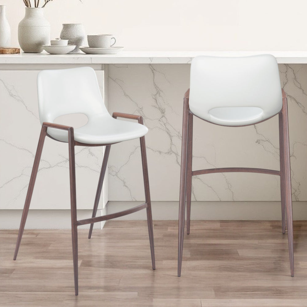 Homeroots Set Of Two 29" White And Brown Steel Low Back Bar Height Bar Chairs   396444