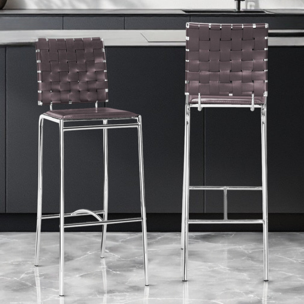 Homeroots Set Of Two 29" Espresso And Silver Steel Low Back Bar Height Bar Chairs   396448