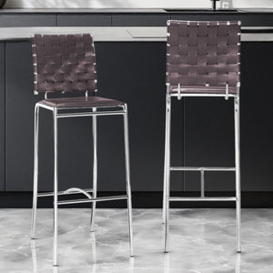 Homeroots Set Of Two 29" Espresso And Silver Steel Low Back Bar Height Bar Chairs   396448