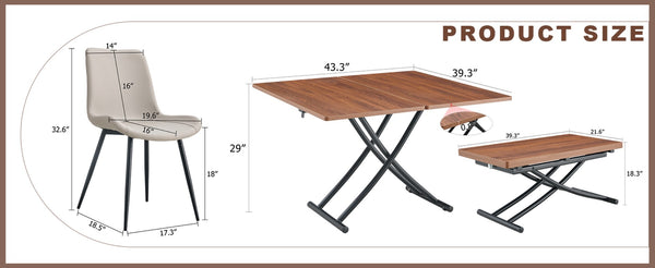 English Elm Table Set With Adjustable Height, Walnut Wood Finish & 4 Warm Gray Pu Chairs For Modern Living W1151S03997-GIGA