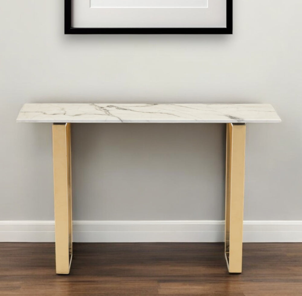 Homeroots 47" White And Gold Faux Marble Sled Console Table   396468