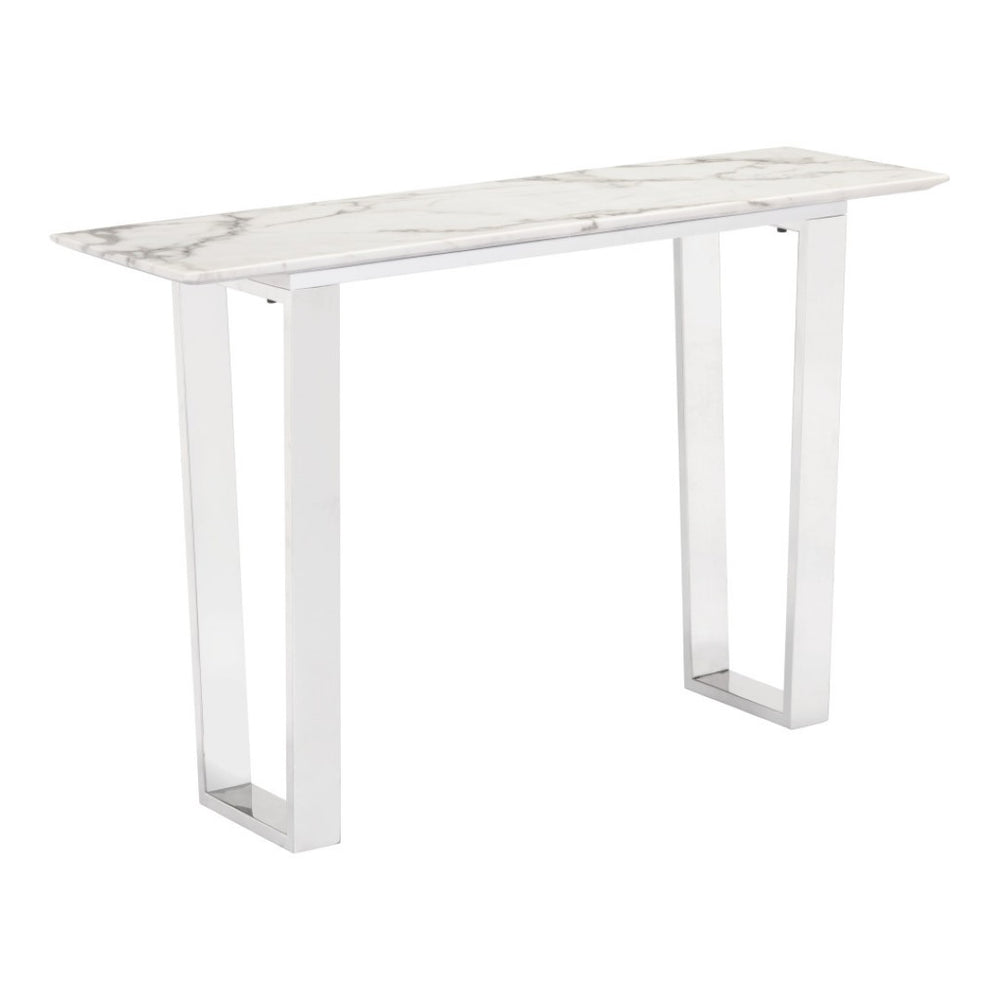 HomeRoots 47" Sleek White and Silver Faux Marble Sled Console Table - Modern Design for Entryways & Living Rooms 396469