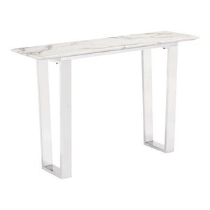 Homeroots 47" White And Silver Faux Marble Sled Console Table   396469