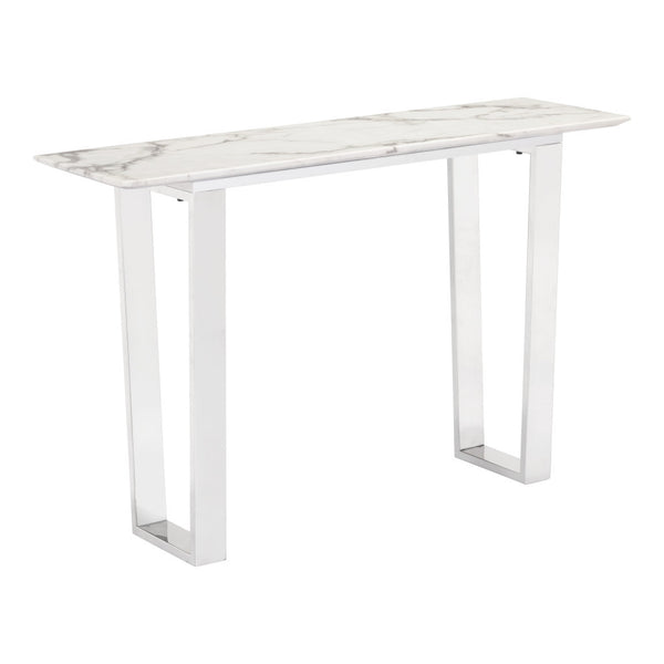 Homeroots 47" White And Silver Faux Marble Sled Console Table   396469