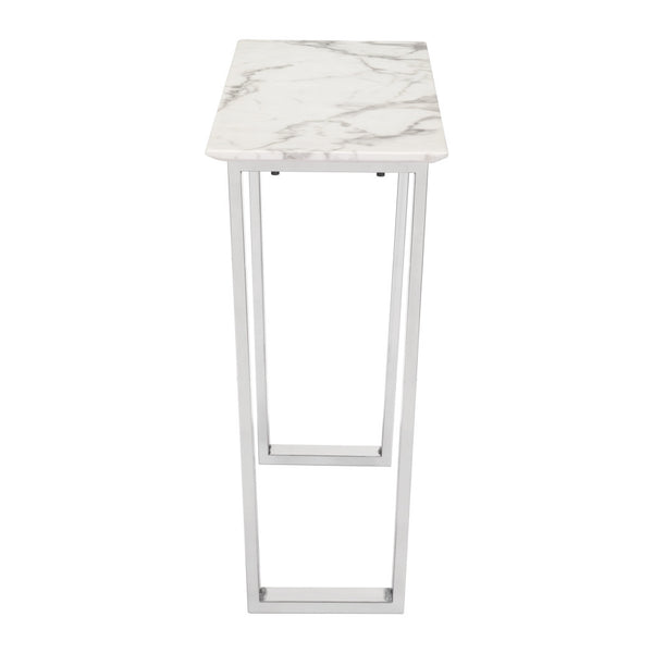 Homeroots 47" White And Silver Faux Marble Sled Console Table   396469