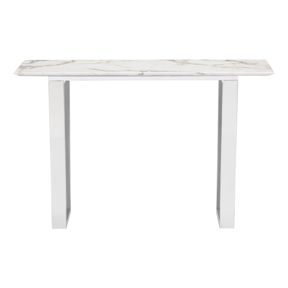 Homeroots 47" White And Silver Faux Marble Sled Console Table   396469
