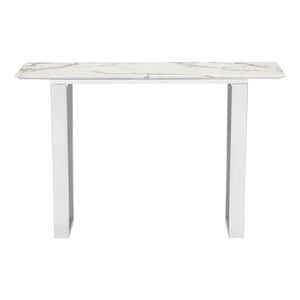 Homeroots 47" White And Silver Faux Marble Sled Console Table   396469