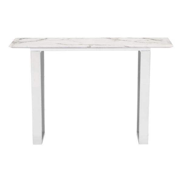 Homeroots 47" White And Silver Faux Marble Sled Console Table   396469
