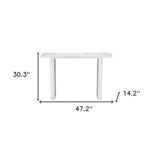 Homeroots 47" White And Silver Faux Marble Sled Console Table   396469
