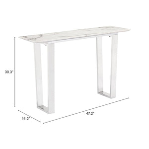 HomeRoots 47" Sleek White and Silver Faux Marble Sled Console Table - Modern Design for Entryways & Living Rooms 396469