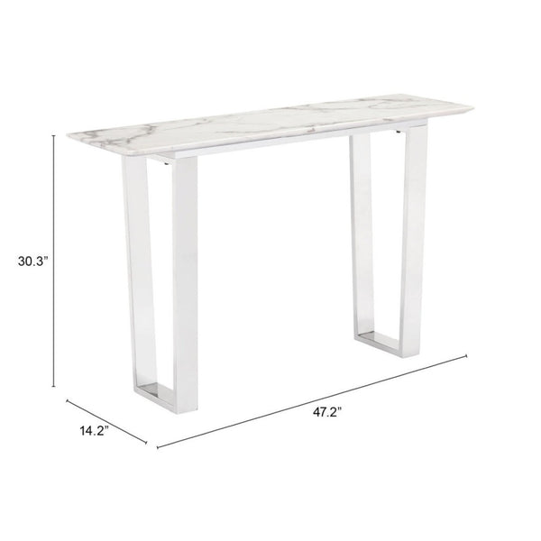 HomeRoots 47" Sleek White and Silver Faux Marble Sled Console Table - Modern Design for Entryways & Living Rooms 396469