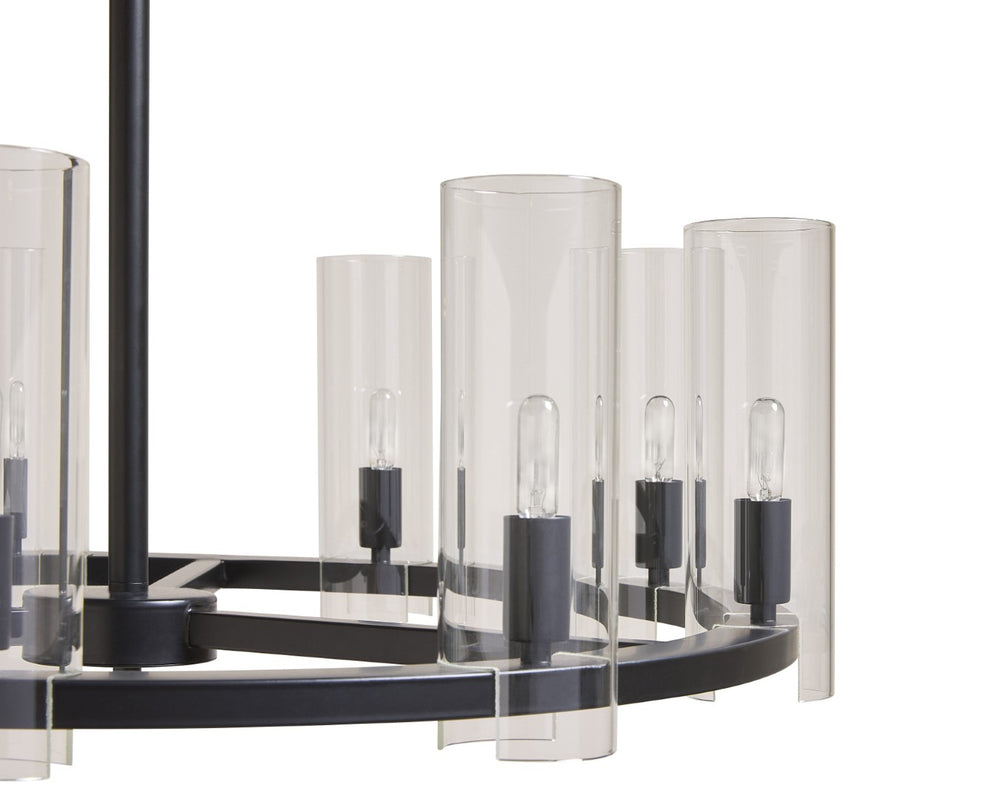 Sunpan CLARABELLE Chandelier - Elegant Black Metal Wheel Design with Clear Glass Shades for Warm Glow 107927