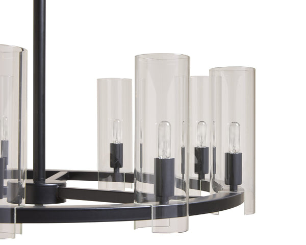 Sunpan CLARABELLE Chandelier - Elegant Black Metal Wheel Design with Clear Glass Shades for Warm Glow 107927