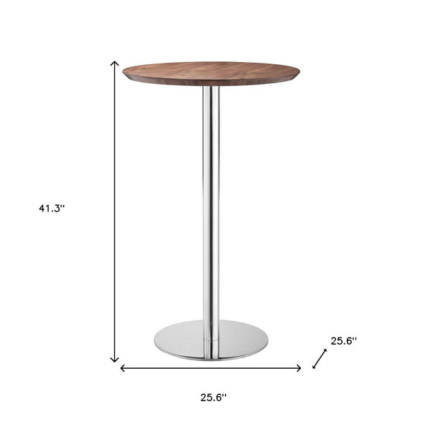 Homeroots 26" Brown And Silver Round Stainless Steel Pedestal Bar Table   396473